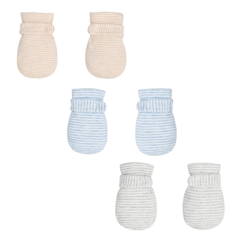 Reyow Newborn Baby No Scratch Mittens Stay On, 100% Cotton Breathable, Adjustable Infant Gloves for Baby Boys Girls Mittens (Khaki/Blue/Gary Stripe, 0-3 Months) - Image 1